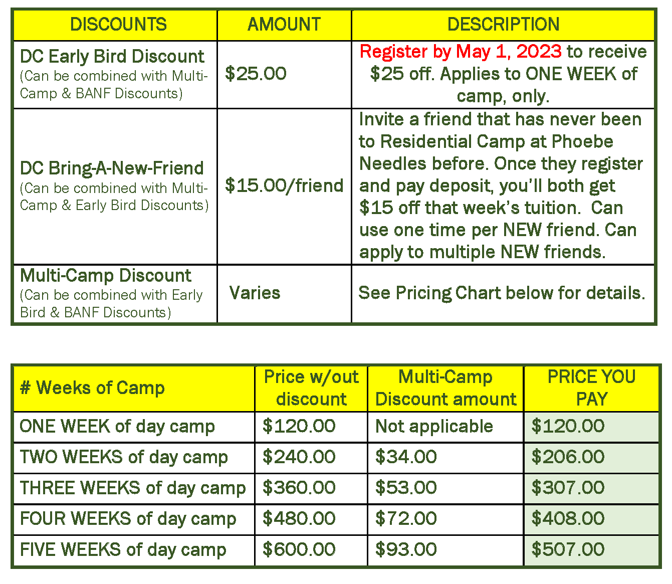 2023 Day camp pricing